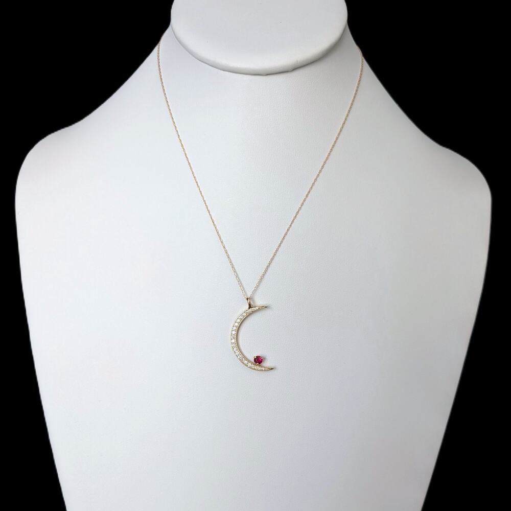 ORO ALEXANDER Crescent Moon & Ruby Star Pendant Diamonds 14k Yellow Gold Gift
